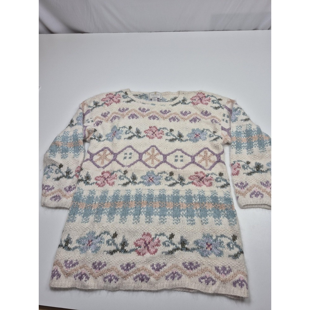Express Tricot Sweater Womens Medium White Floral Silk Angora Handknit Tunic